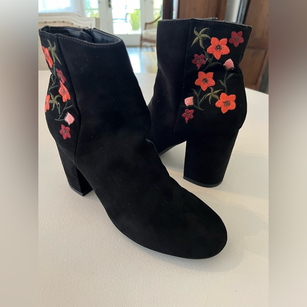 Faux Suede Black Booties with Cherry Blossom Embroidery, Size 6.5